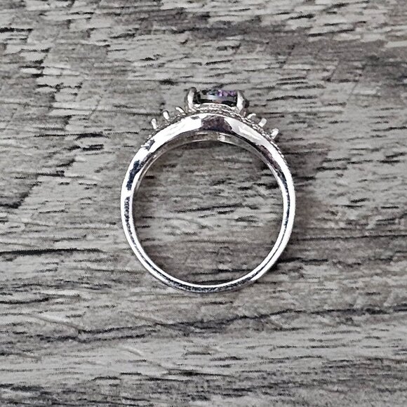 Lab Created New Round Faceted Mystic Topaz CZ Halo Silver Tone Accent Ring - Picture 5 of 8